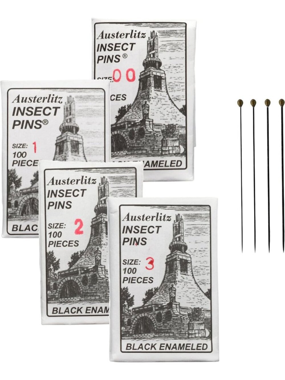 Museum Quality Insect Dissection Pins - 1.5" Length, Sizes 00-3, Pack of 100